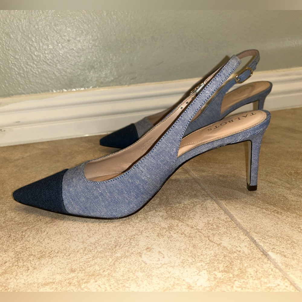 Talbots ELENA DENIM SLINGBACK PUMPS 9.5 Denim Pointed Toe 3” Heels